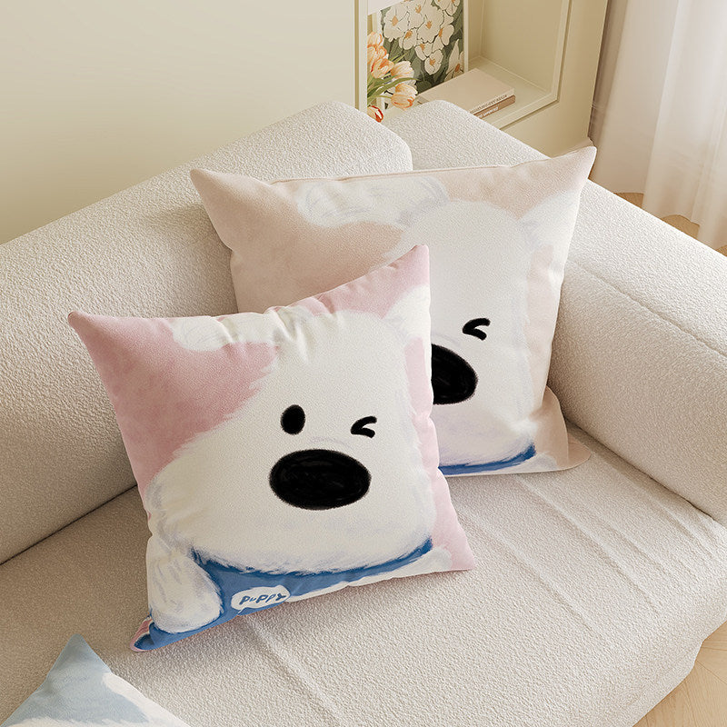 Square Decorative Throw Pillow Cover with Cute Cartoon Cat Illustration and Vertical Pink Stripe Linen-Blend