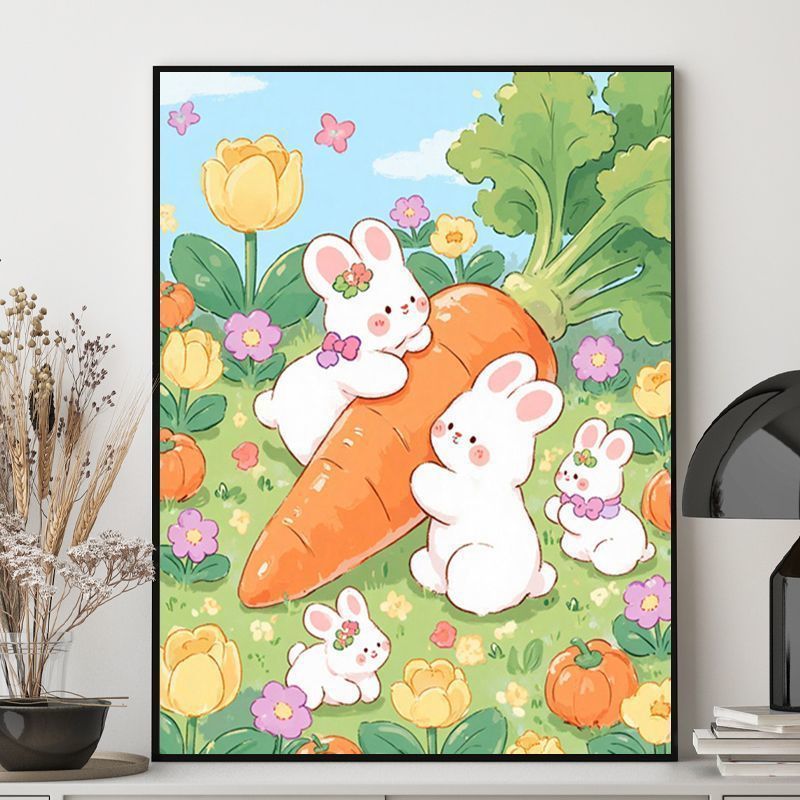 Niedliche Kaninchen-Themen-Illustration Leinwand Kunst Karnz