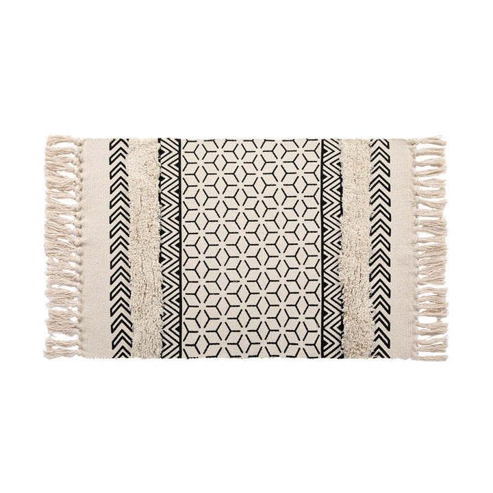 Flacher Boho-Teppichläufer aus Baumwollmischgewebe mit geometrischem Hexagon‑Tufting und dekorativem Fransenrand