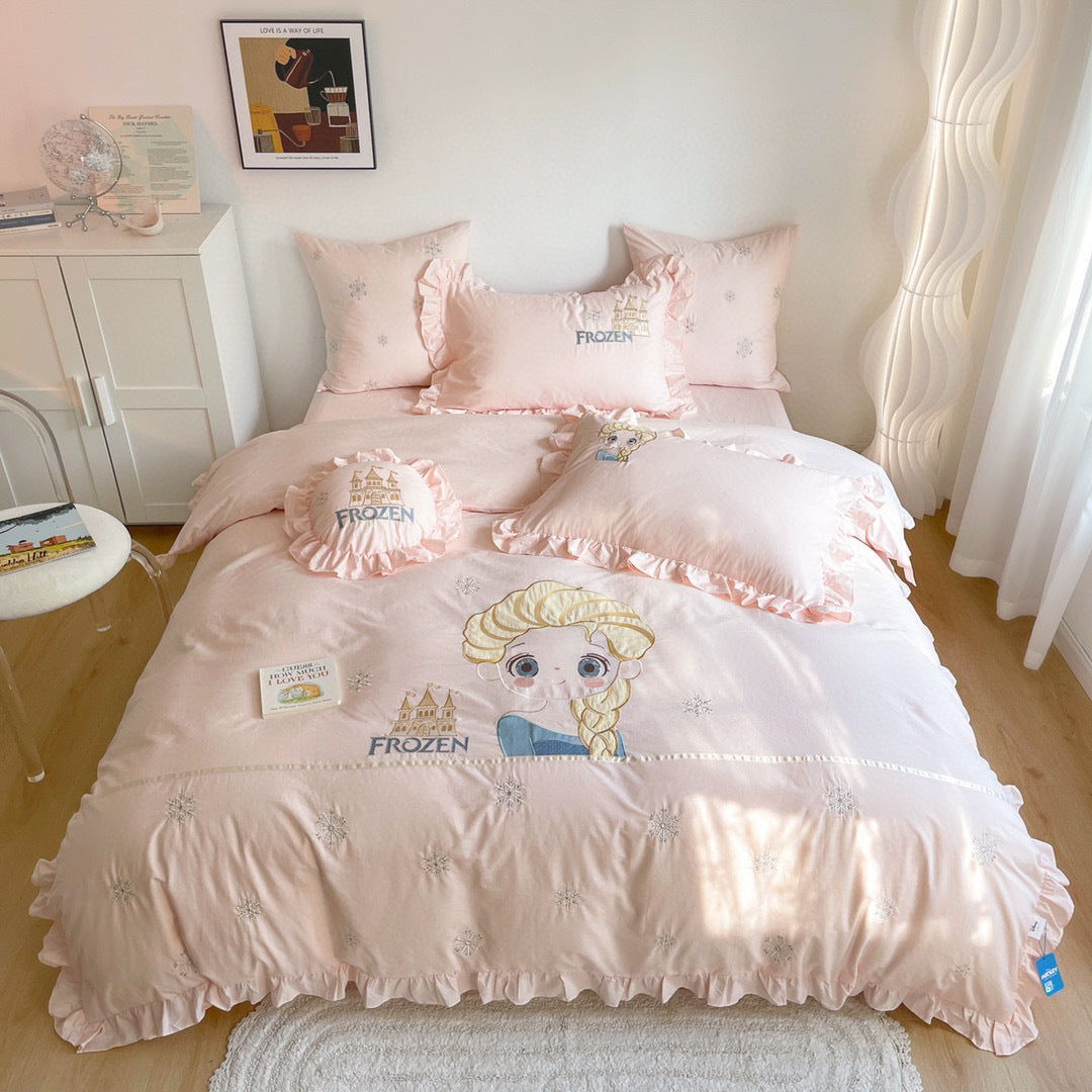 Prinzessin Frozen Bestickter Rüschender Baumwoll Bettbezug Set mit Dekorativen Wurfkissen