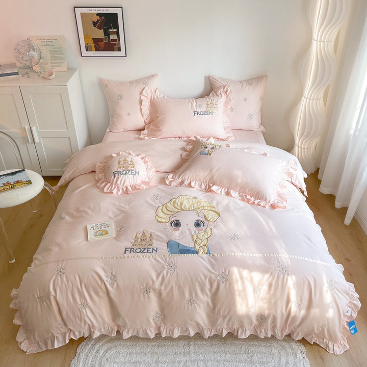 Prinzessin Frozen Bestickter Rüschender Baumwoll Bettbezug Set mit Dekorativen Wurfkissen