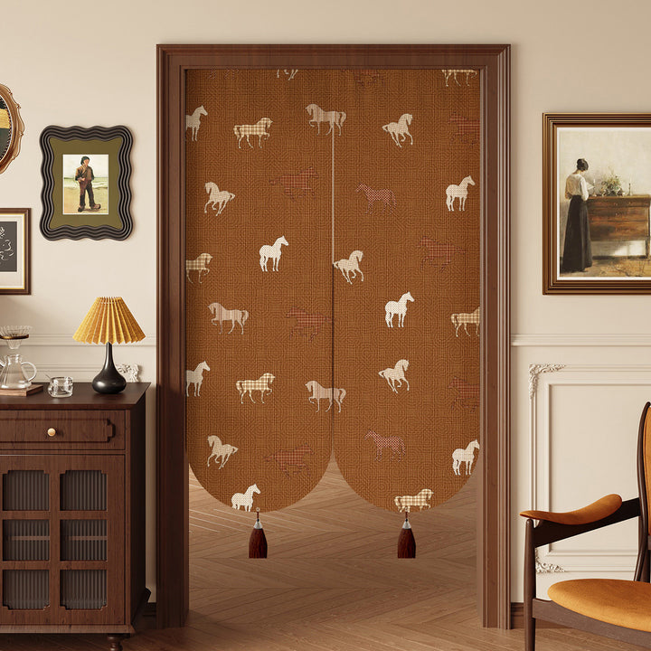 Decorative Cotton-Linen Split Door Curtain with Equestrian Print and Tassel Weights
