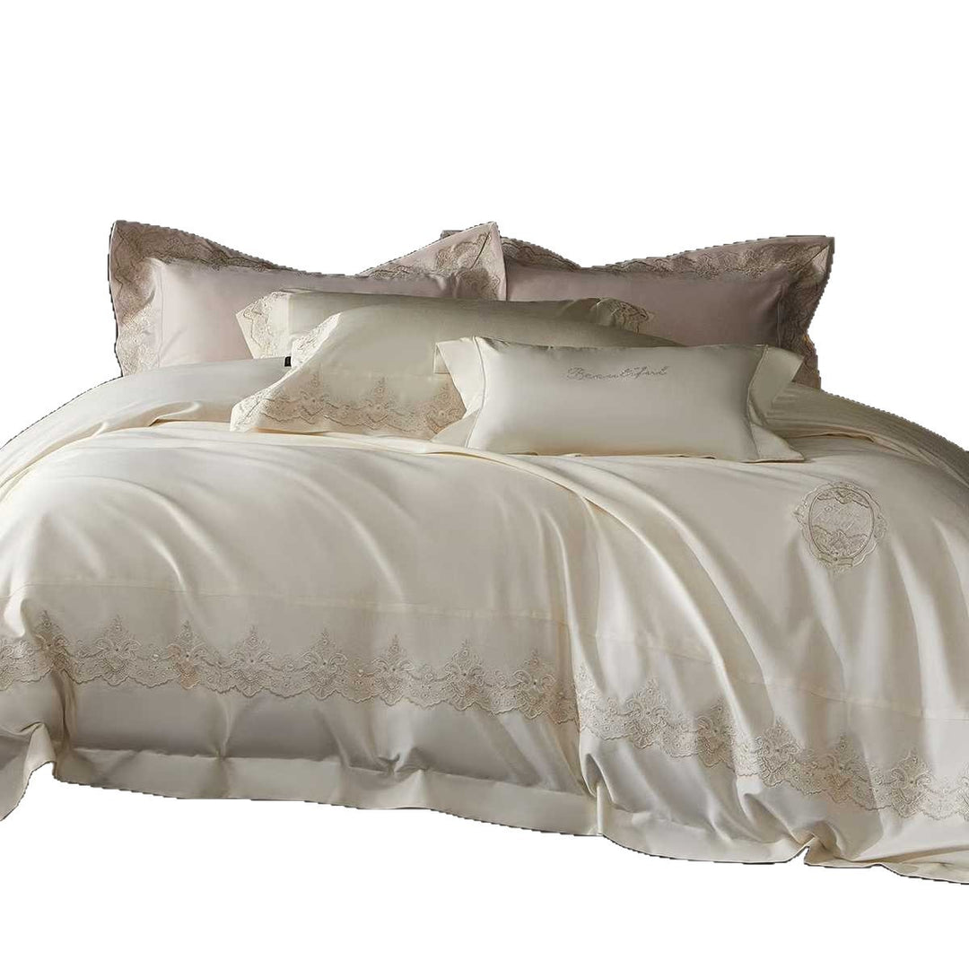 Luxuriöses Satin-Feel Besticktes Spitzenbesatz Bettwäsche Duvet Decken Set