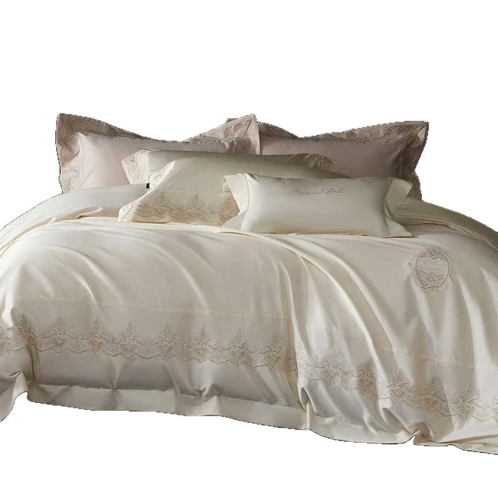 Luxuriöses Satin-Feel Besticktes Spitzenbesatz Bettwäsche Duvet Decken Set