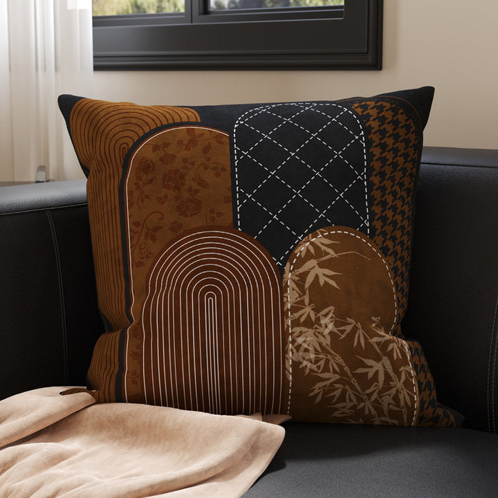 Decorative Square Velvet Throw Pillow Cover with Patchwork Quilted Stitch & Botanical Geometric Panels