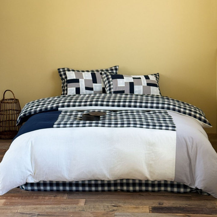 Patchwork-Plaid Wende-Bettwäsche-Set aus Baumwolle-Leinen mit Kissenbezügen