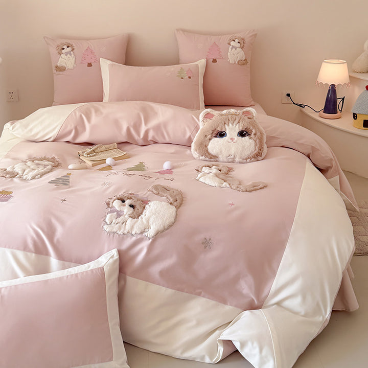 Plüsch-Applikation Katze Bettbezug Set mit dekorativen Kissenbezügen und plüschigem Wurfkissen