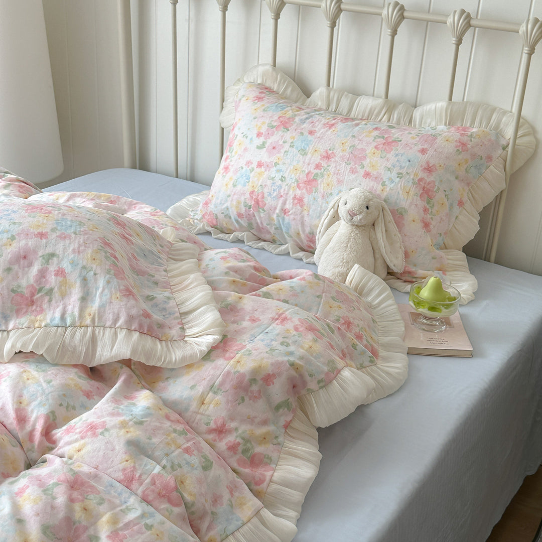 Pastellblumen Rüsch Baumwollsatin Bettbezug und Kissenbezug Set