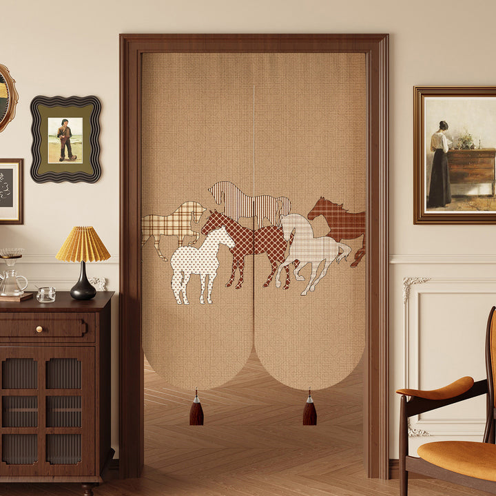 Decorative Cotton-Linen Split Door Curtain with Equestrian Print and Tassel Weights
