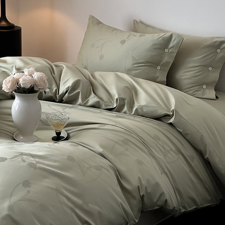 Premium-Bettbezug-Set aus Baumwollsatin mit tonalem Blumenjacquard und Knopfverschluss