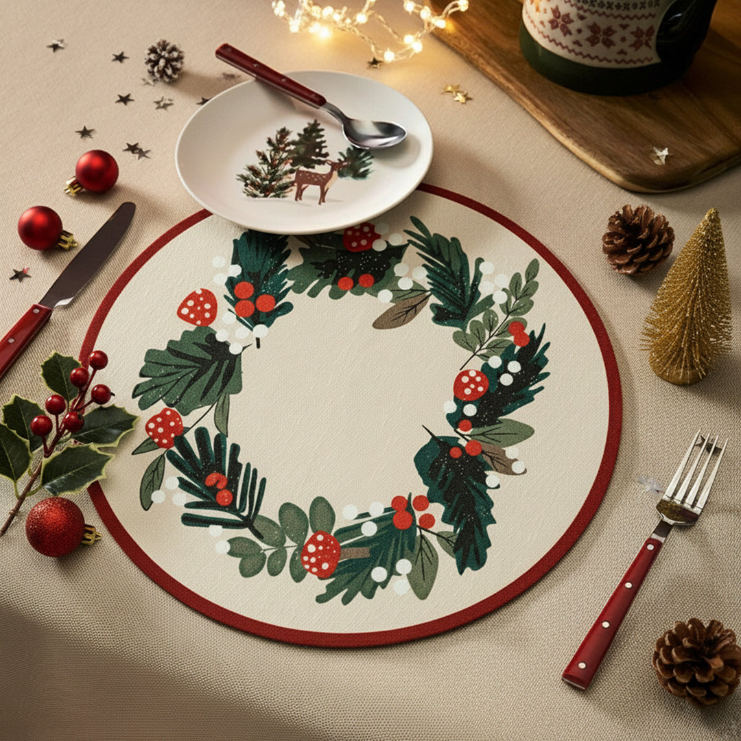 Rundes abwischbares Tischset mit weihnachtlichem Kranz- und Tartan‑Print