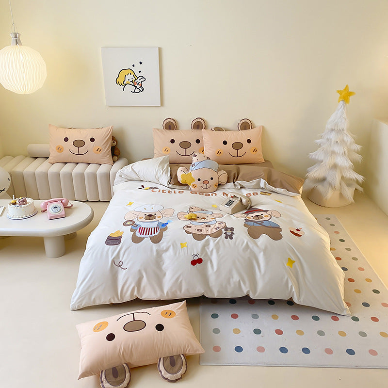 Kinder Cartoon Katze Baumwollsatin Bettbezug Set mit ohrförmigen Kissenbezügen und plüschigem Akzentkissen