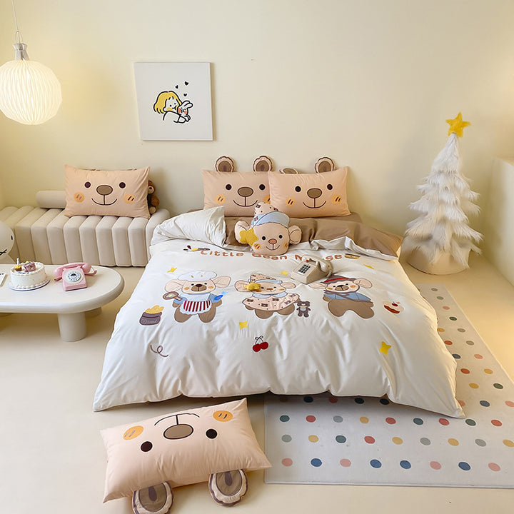 Kinder Cartoon Katze Baumwollsatin Bettbezug Set mit ohrförmigen Kissenbezügen und plüschigem Akzentkissen