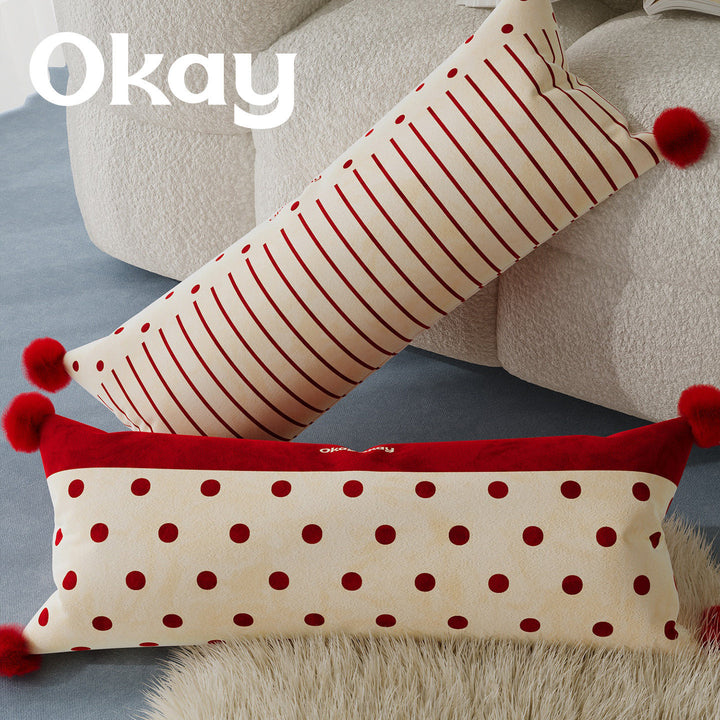 Decorative Long Lumbar Cushion Cover with Striped and Polka Dot Print and Corner Pom-Poms
