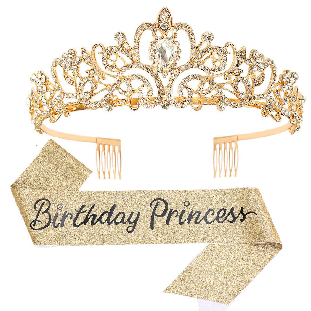 Damen Glitzernde Prinzessinnenkrone mit Birthday Princess Schärpe Karnz
