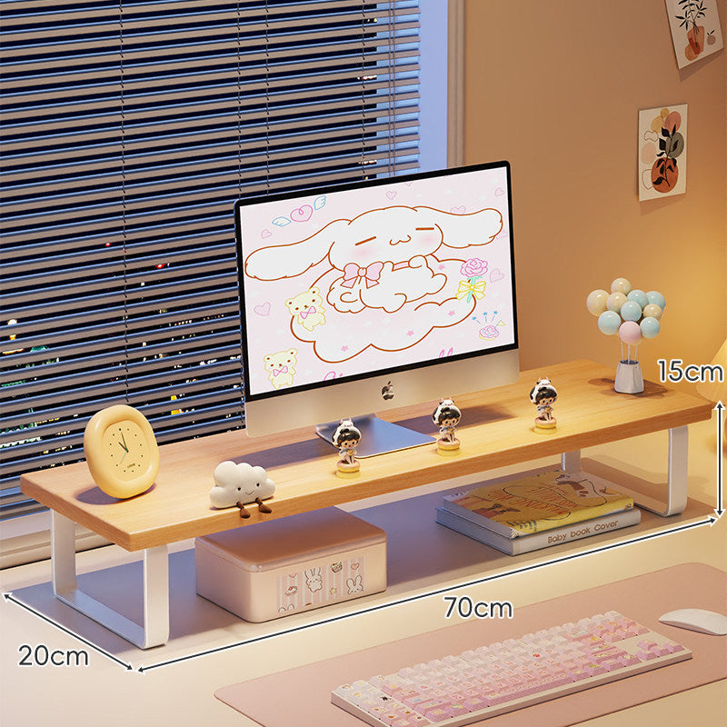Kompakte Holz-Desktop-Monitorerhöhung mit Metallbeinen und unterer Ablagefläche