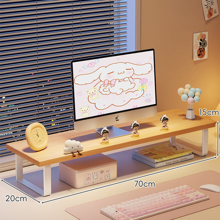 Kompakte Holz-Desktop-Monitorerhöhung mit Metallbeinen und unterer Ablagefläche