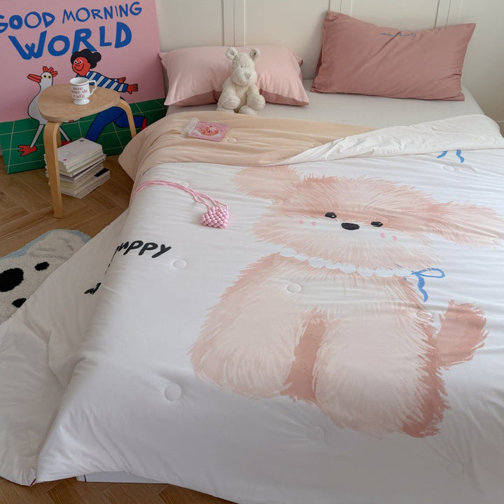 Kinder-Steppbett mit niedlichem Hunde-Print, atmungsaktiver Mikrofaserfüllung und leichter Punktsteppung