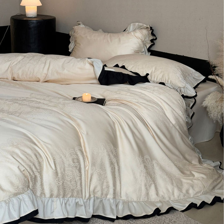 Contrast-Trim Ruffled Jacquard Duvet Cover Set