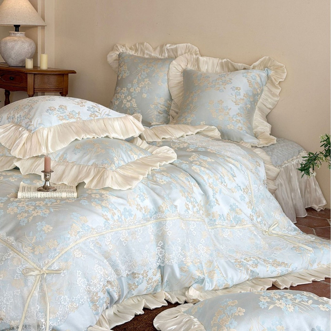 Gerüschtes Jacquard Floral Satin-Besatz Bettwäsche-Set mit Kissenbezug