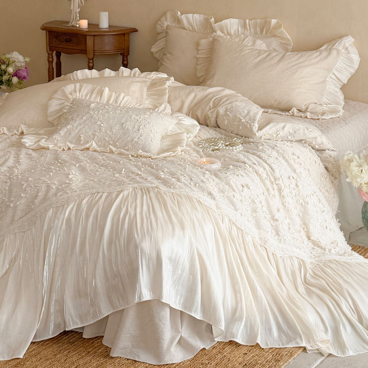 Rüschend Floral Bestickte Leinen Bettwäsche Set