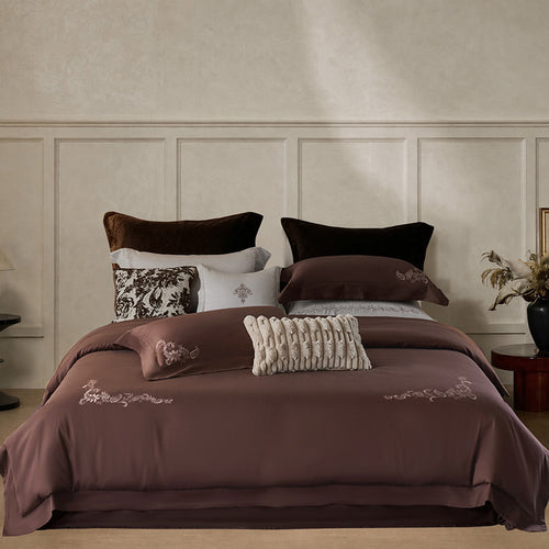 Hotel-Stil Bestickte Baumwollsatin Bettwäsche Set mit Ecken Floral-Motiv und Strick-Lumbar-Kissen