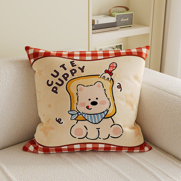 Cartoon Puppy Gingham Square Throw Pillow Cover with Hidden Zipper Linen-Blend Texture