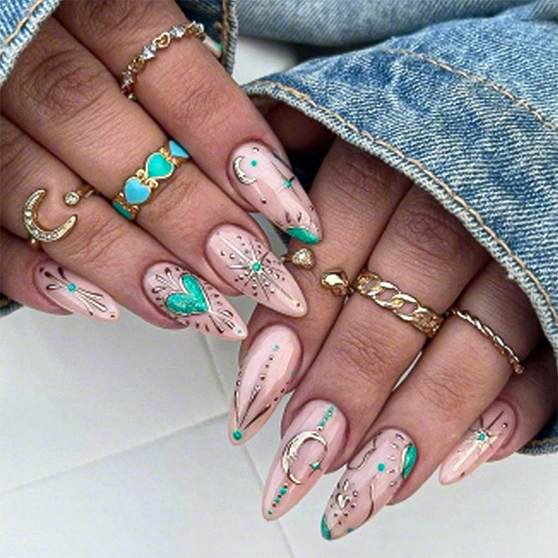 Künstlerisches Press-On-Nagelset mit stilvollen Blumen- und Edelstein-Designs Karnz