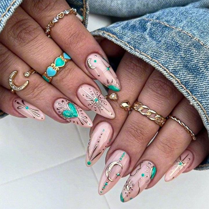 Künstlerisches Press-On-Nagelset mit stilvollen Blumen- und Edelstein-Designs Karnz