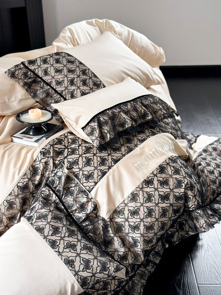 Luxuriöses Wendbares Baumwollsatin-Bettwäscheset mit Jacquard-Bordüre und Volant