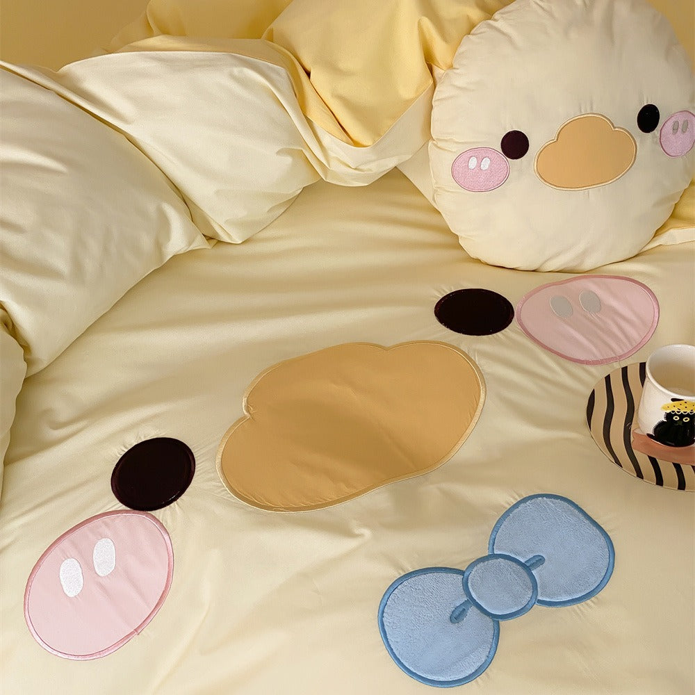 Kinder-Bettwäsche-Set mit gesticktem Entenmotiv, Wendebezug und Kuschelkissen