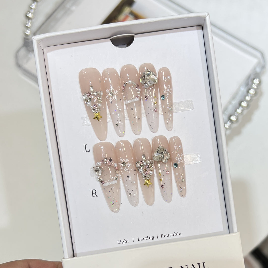 Schneeflocken-inspirierte Glitzer Press-On Nagel Set Karnz