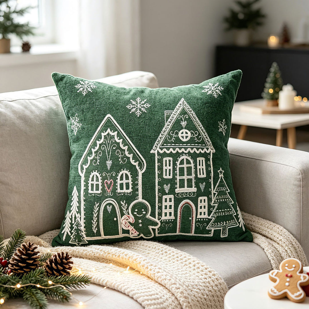 Weihnachtliches Lebkuchenhaus bestickter Samt Kissenbezug für die Lendenstütze