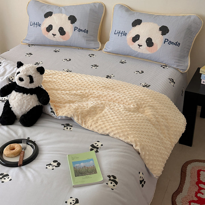 Kinderbett-Set mit gesteppter Kopfkissen-Garnitur, Matratzenauflage und Minky-Kuscheldecke