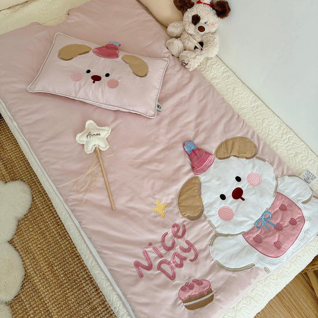 Kinder-Schlafsack und Kissenbezug-Set mit gesteppter Applikation Hundemotiv