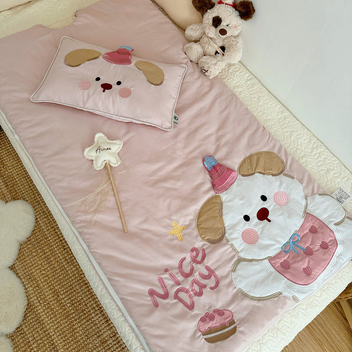 Kinder-Schlafsack und Kissenbezug-Set mit gesteppter Applikation Hundemotiv