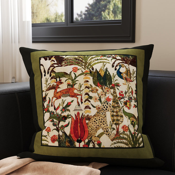 Square Velvet Accent Pillow Cover with Vintage Botanical Tapestry Print and Contrast Border