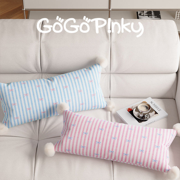 Long Lumbar Decorative Throw Pillow with Pom-Pom Corners and Bow-Striped Cotton-Linen Cover