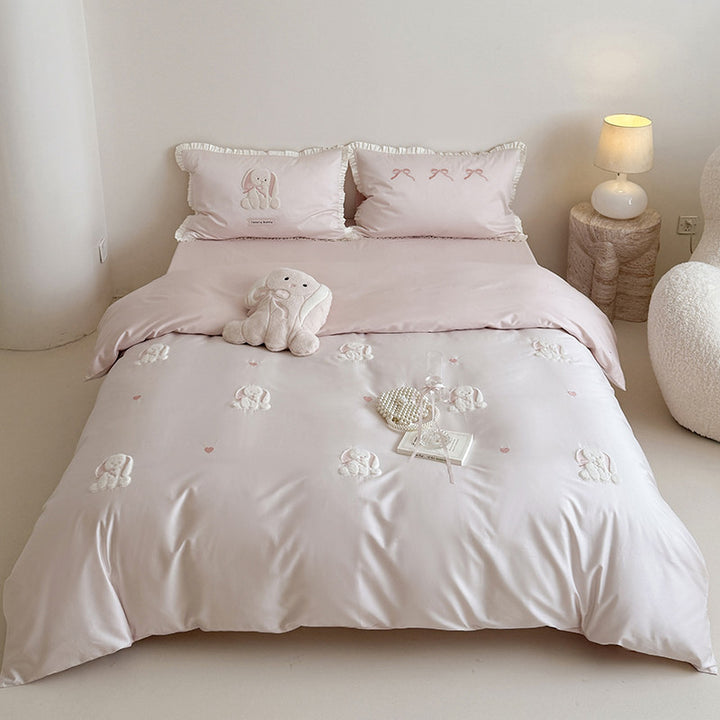 Bestickte Bunny-Applikation Baumwollsatin Bettbezug Set mit rüschigen Kissenbezügen