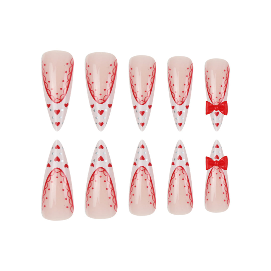Stiletto Press-On Nail Art Set mit Herz- und Schleifen Design Karnz