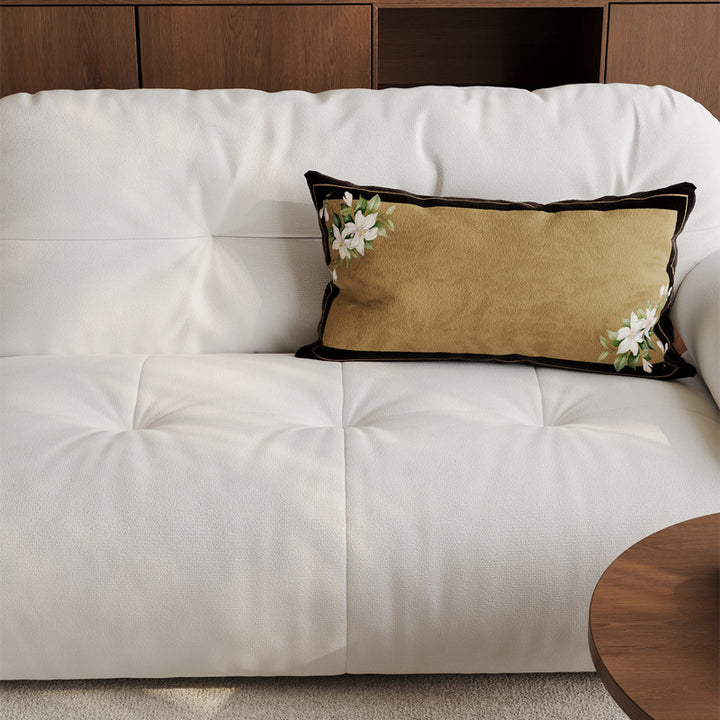 Decorative Rectangular Linen-Blend Lumbar Pillow Cover with Oriental Bird and Blossom Print and Contrast Velvet Border