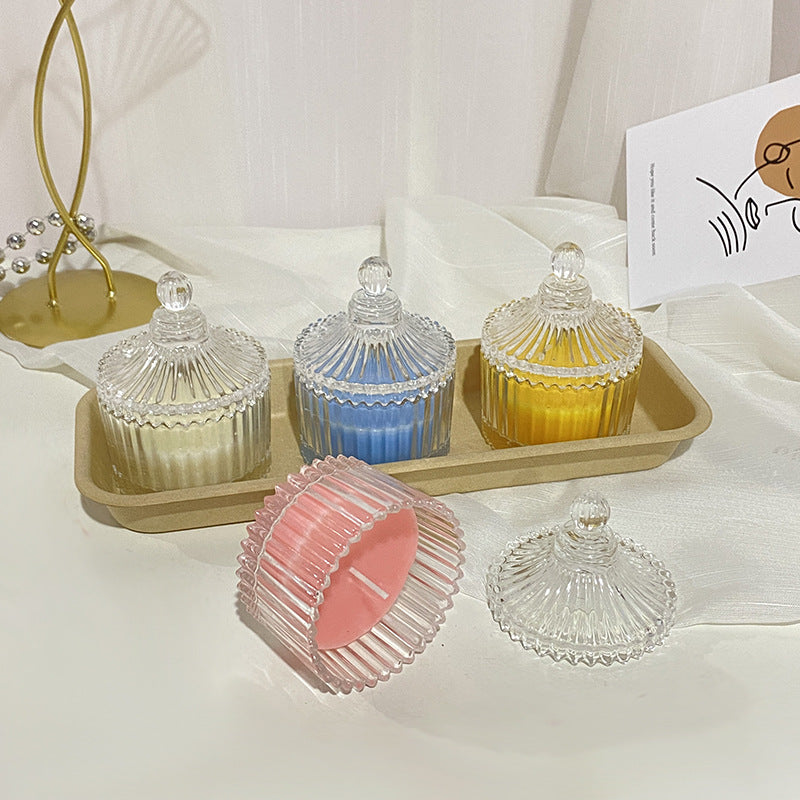 Rippenglas Vintage-Style Glasbehälter Duftsojakerze mit dekorativem Deckel