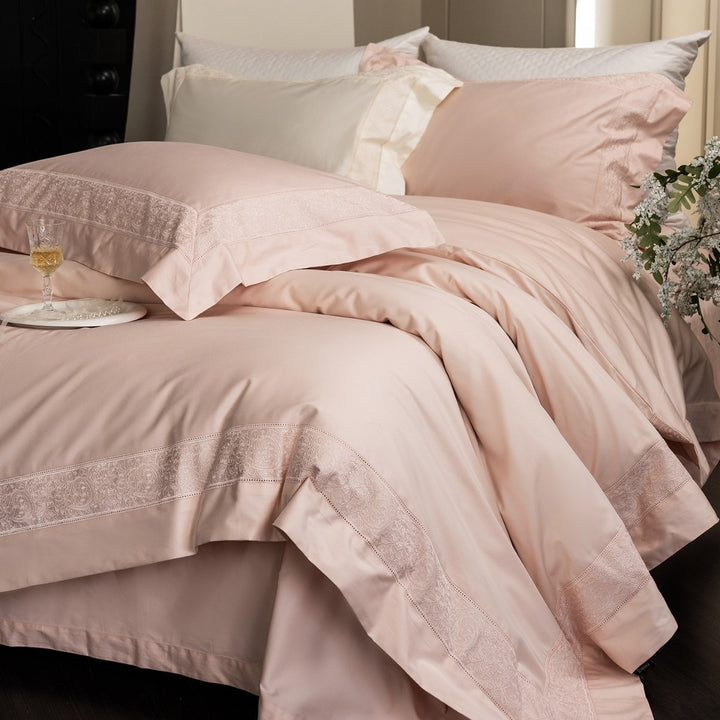 Luxus Baumwollsatin Bettwäsche-Set mit Spitzenbordüre und Kissenbezügen