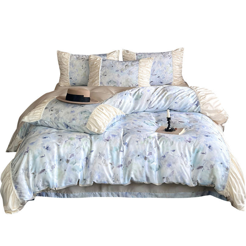 Elegantes Satin-Bettwäscheset mit Aquarell-Blumenmuster, Volant und gerafften Kissenbezügen