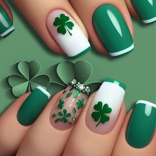 Glamouröses Press-On Nagelkunst-Set mit Kleeblattmotiv Karnz