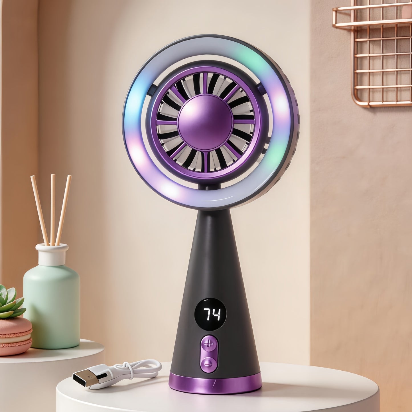 Damen Tragbarer Mini-Ventilator mit LED-Beleuchtung und digitaler Geschwindigkeitsanzeige Karnz
