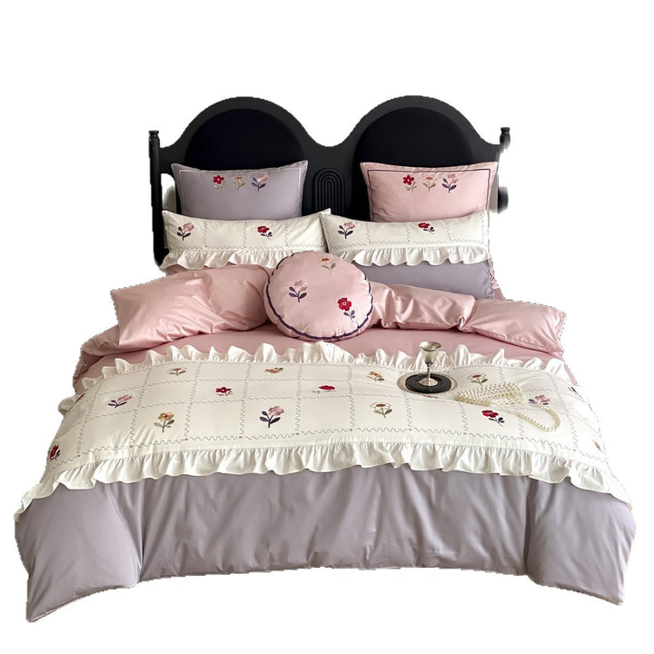 Romantisches Rüsch-Patchwork bestickte Baumwolle Bettwäsche Set