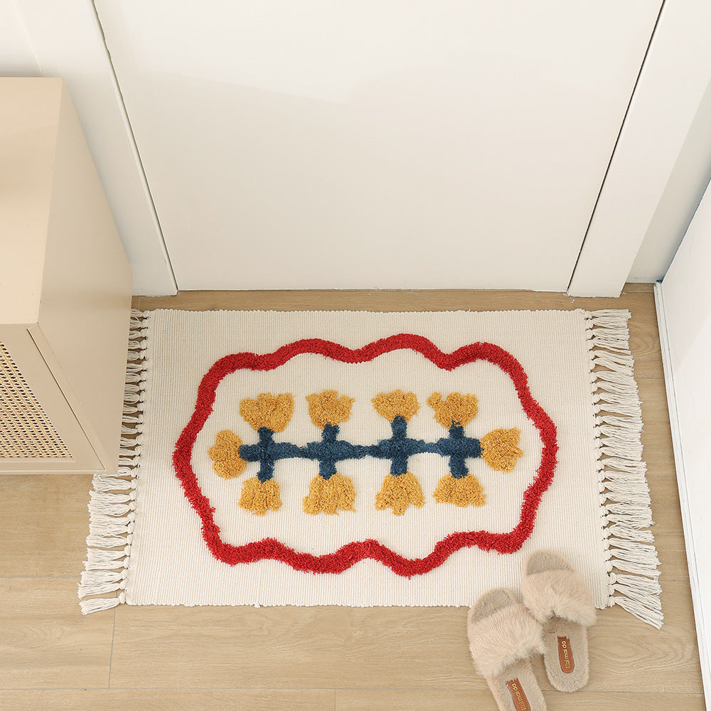 Handgewebter Baumwoll-Badmattenteppich mit Tufting-Blumenapplikation und Quasten Karnz