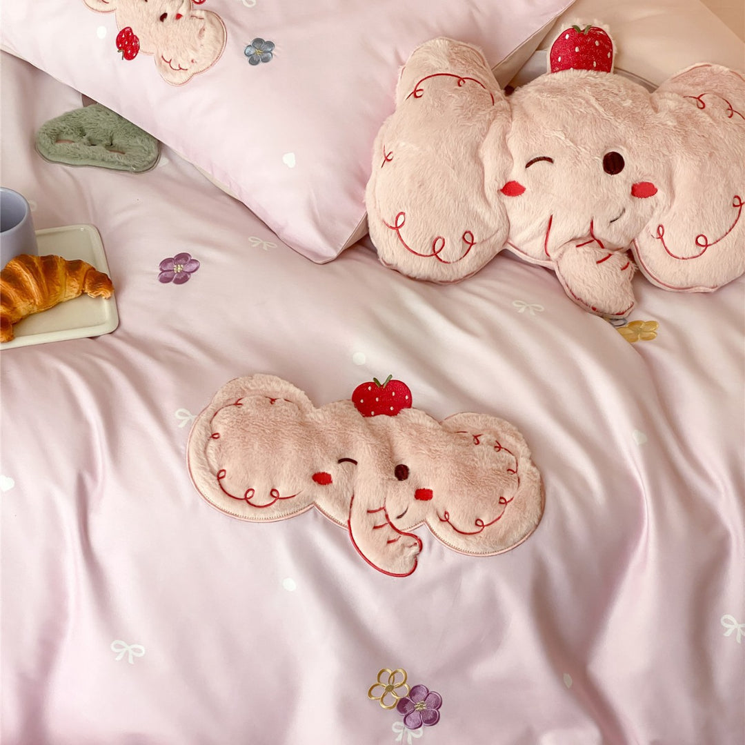 Plüsch Applikations-Baumwollsatin-Bettbezugset mit gesticktem Elefanten- und floralen Details