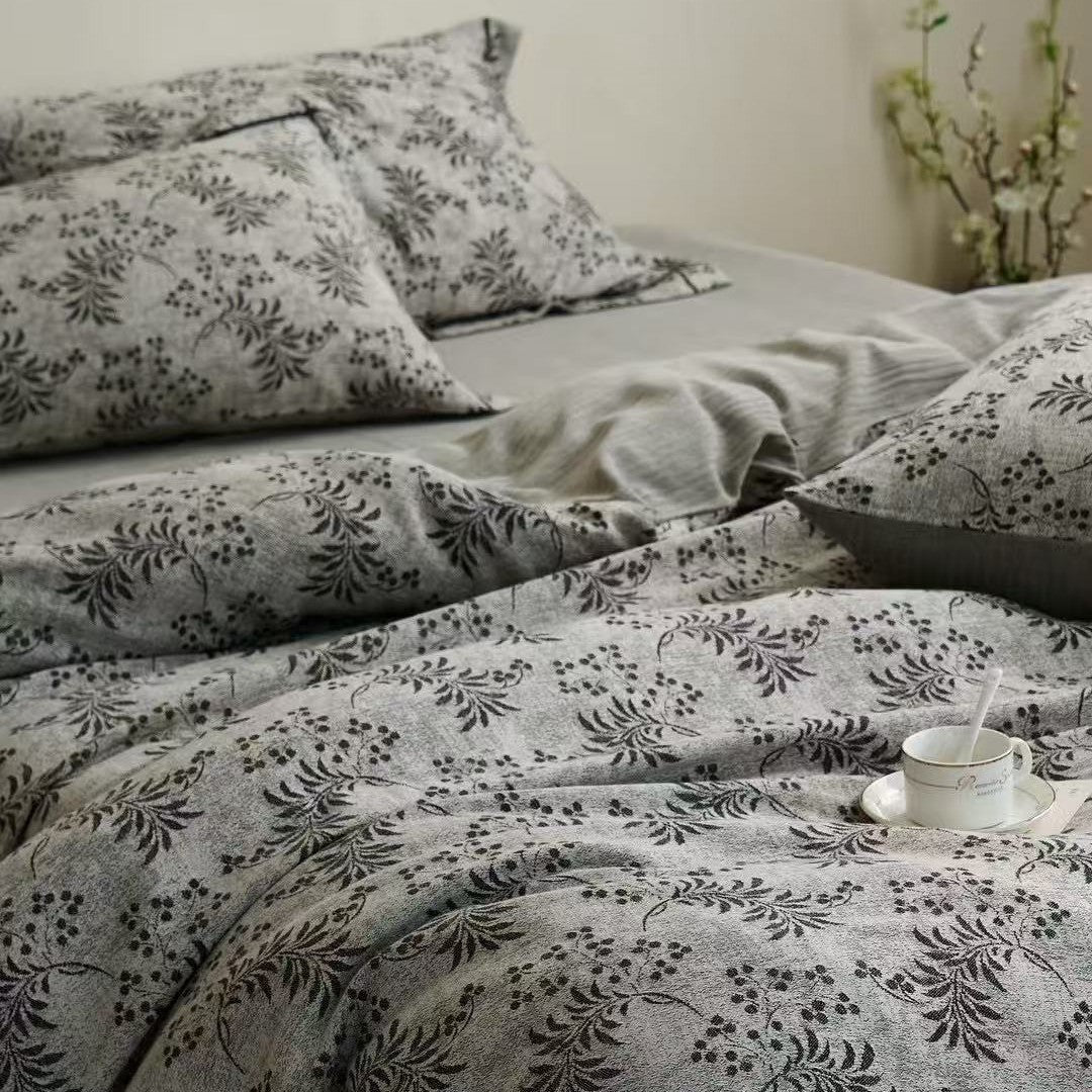 Leinen-Baumwolle Floral Bettbezug Set mit Jacquard-Struktur und gepipten Kissenbezügen